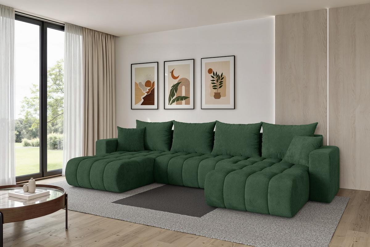 WOHNLANDSCHAFT mit Schlaffunktion und Bettkasten MILA-U-v1 378x194x86 Grün Cord - Dunkelgrün/Schwarz, Holzwerkstoff/Kunststoff (378/86/194cm) - ALTDECOR