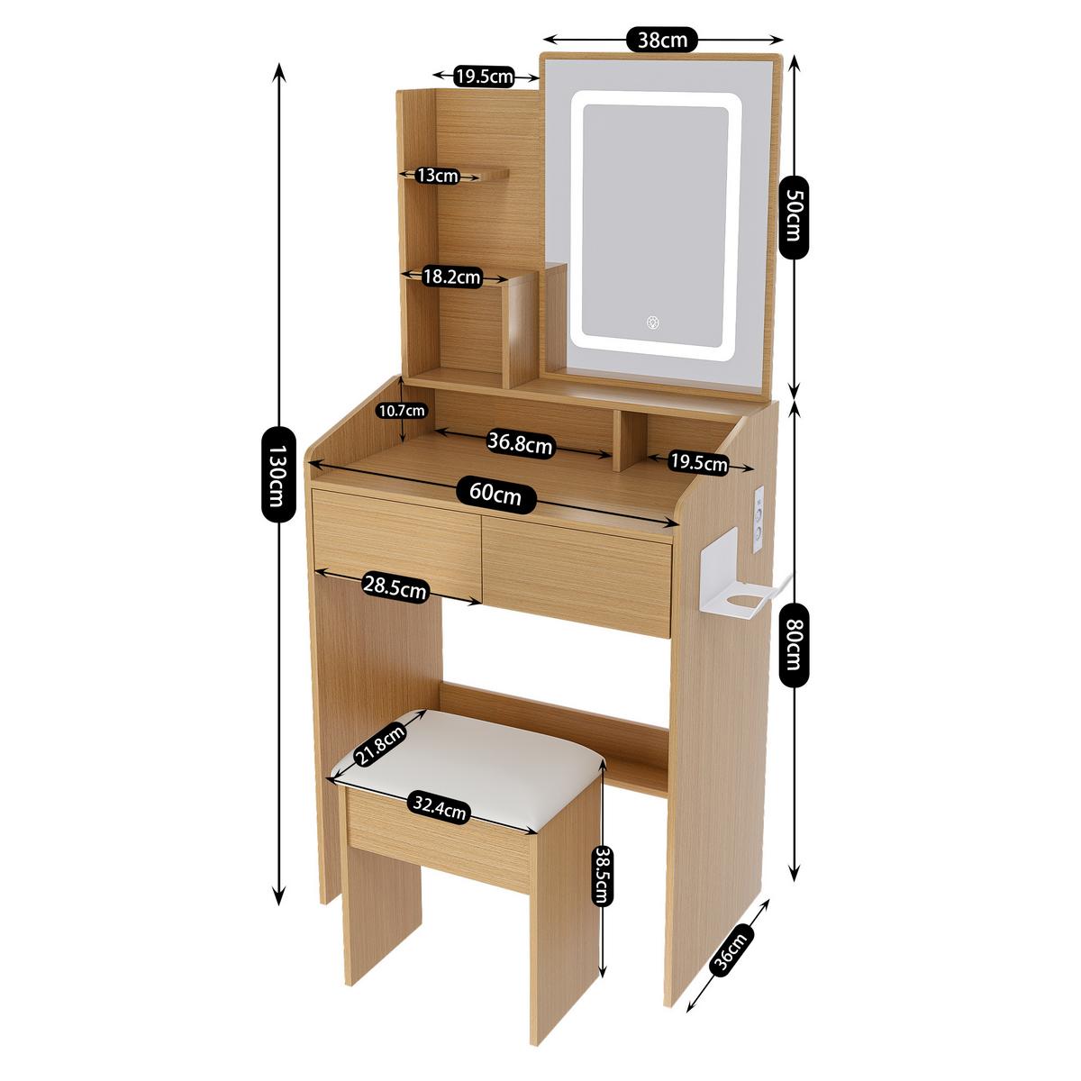SCHMINKTISCH holzoptik 60 cm mit LED-Spiegel, Steckdose & Hocker - Naturfarben, Holzwerkstoff (60/130/36cm) - Urban Meuble
