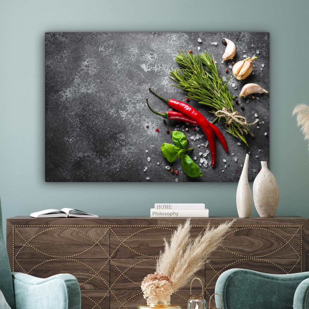 LEINWANDBILD Pfeffer - Kräuter - Gewürze - Beton Wohnzimmer Groß 120x80 cm - Dunkelgrau, Textil (120/80cm) - MuchoWow