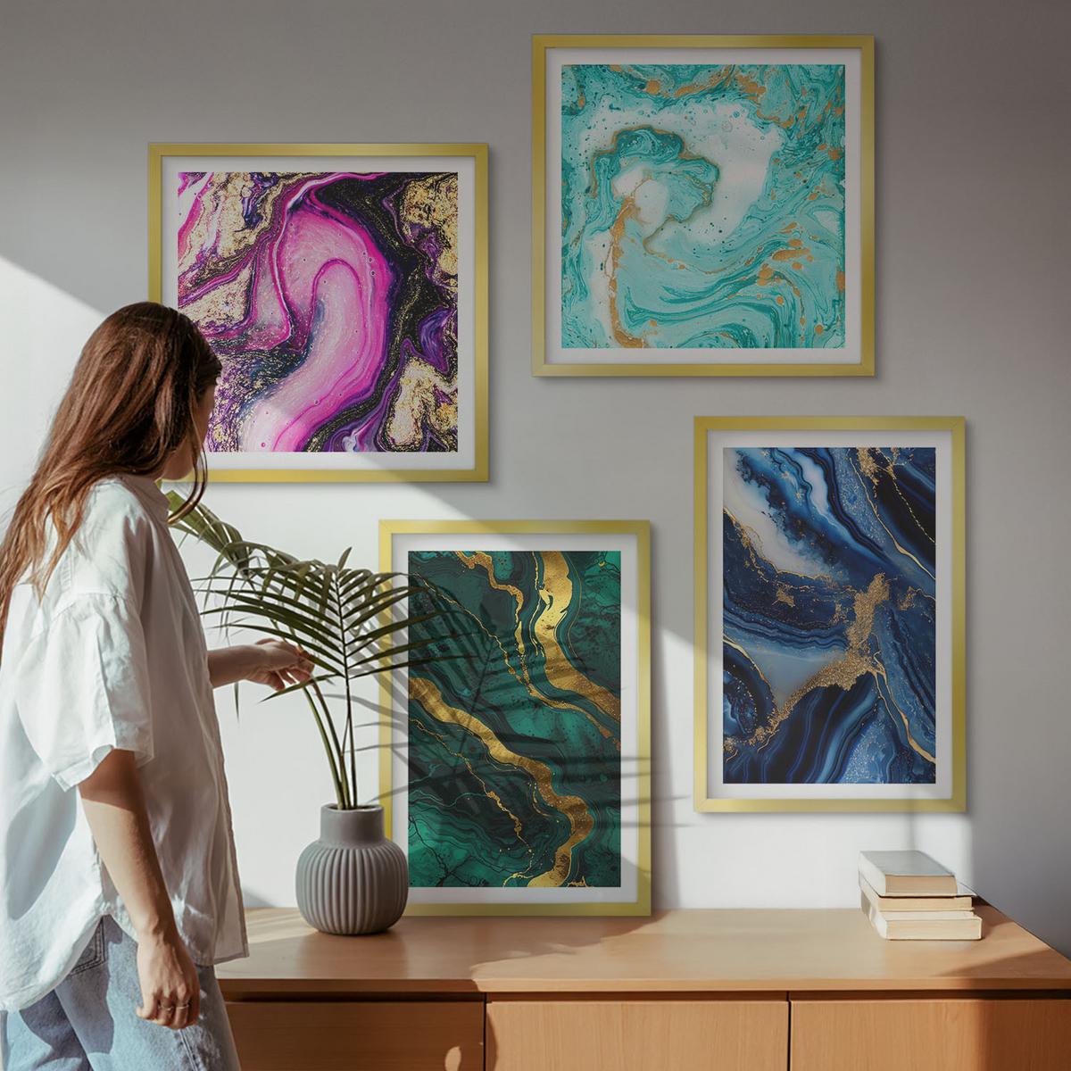 BILDER SET 4er Set - 50x50 cm & 40x60 cm Goldrahmen - Abstrakte Muster in Rosa, Grün und Blau - Goldfarben, Kunststoff (50/50cm) - TULUP