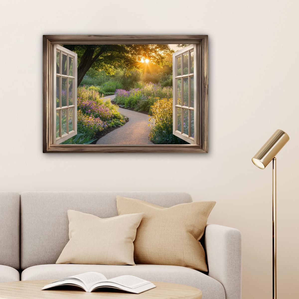 LEINWANDBILD Aussicht - Blumen - Natur - Sonne - Weg Wandbilder 80x60 cm - Hellgelb, Textil (80/60cm) - MuchoWow