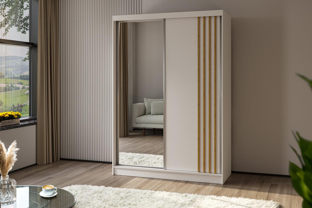 KLEIDERSCHRANK mit Spiegel-Schiebetüren und Aluminium-Leisten, LED-Beleuchtung - NALLA - 150 cm Weiß+Weiß+Artisan - Weiß/Eiche Artisan, Holzwerkstoff (150/216/61cm) - ALTDECOR