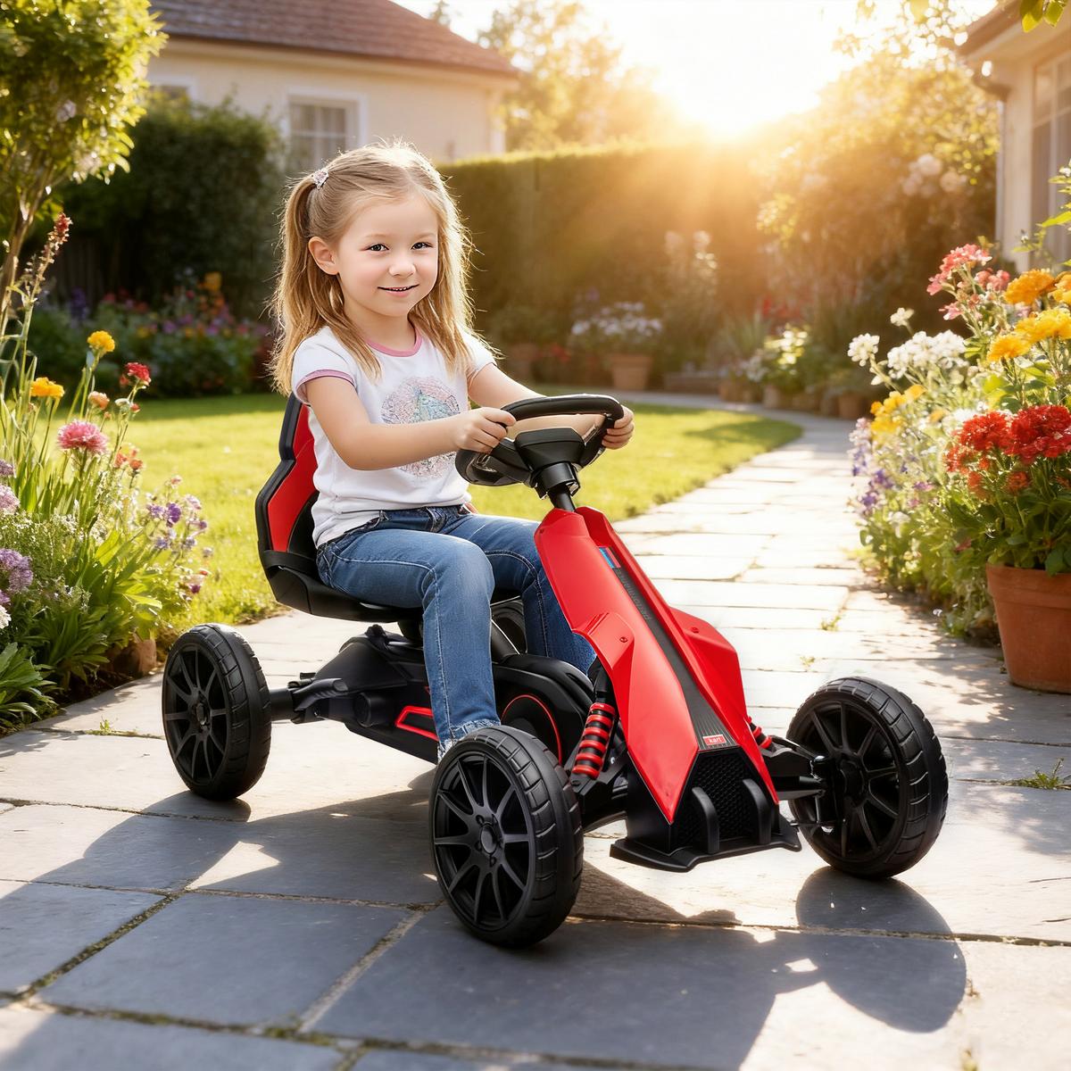 KINDER GO KART TRETAUTO, Blau/Rot, Metall+ Kunststoff - Rot, Metall (100/58/58.5cm) - HOMCOM