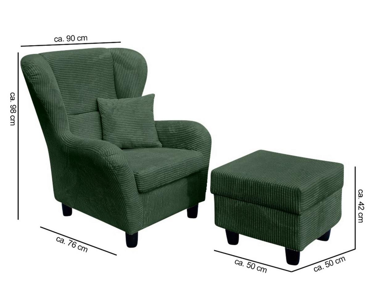 OHRENSESSEL mit HOCKER, hoher Sitzkomfort durch Wellenunterfederung B90/H98/T76 cm, Cord Grün / 18018 - Schwarz/Grün, Holz/Textil (90/98/76cm) - luma-home