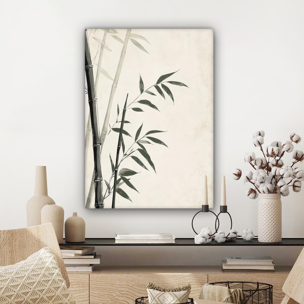 LEINWANDBILD Japandi - Bambus - Beige Wandbild Wohnzimmer 60x80 cm - Eukalyptusholzfarben, Textil (60/80cm) - MuchoWow