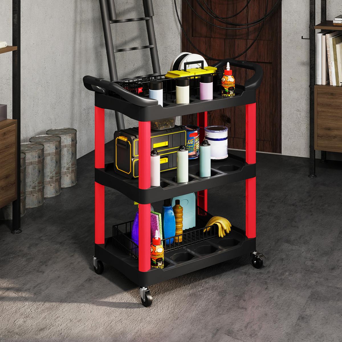 WERKSTATT-ROLLWAGEN mit 3 Etagen, Werkzeugwagen mit Griff, Hakenlöchern Schwarz - Schwarz, Kunststoff (43/97/83cm) - HOMCOM
