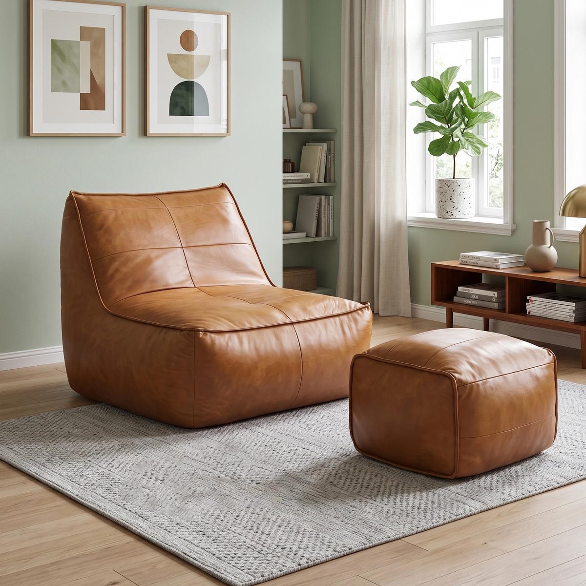 SESSEL Sitzsack & Hocker Set Tech-Leder Raupen-Design - Braun, Textil (80/75/93cm) - Urban Meuble