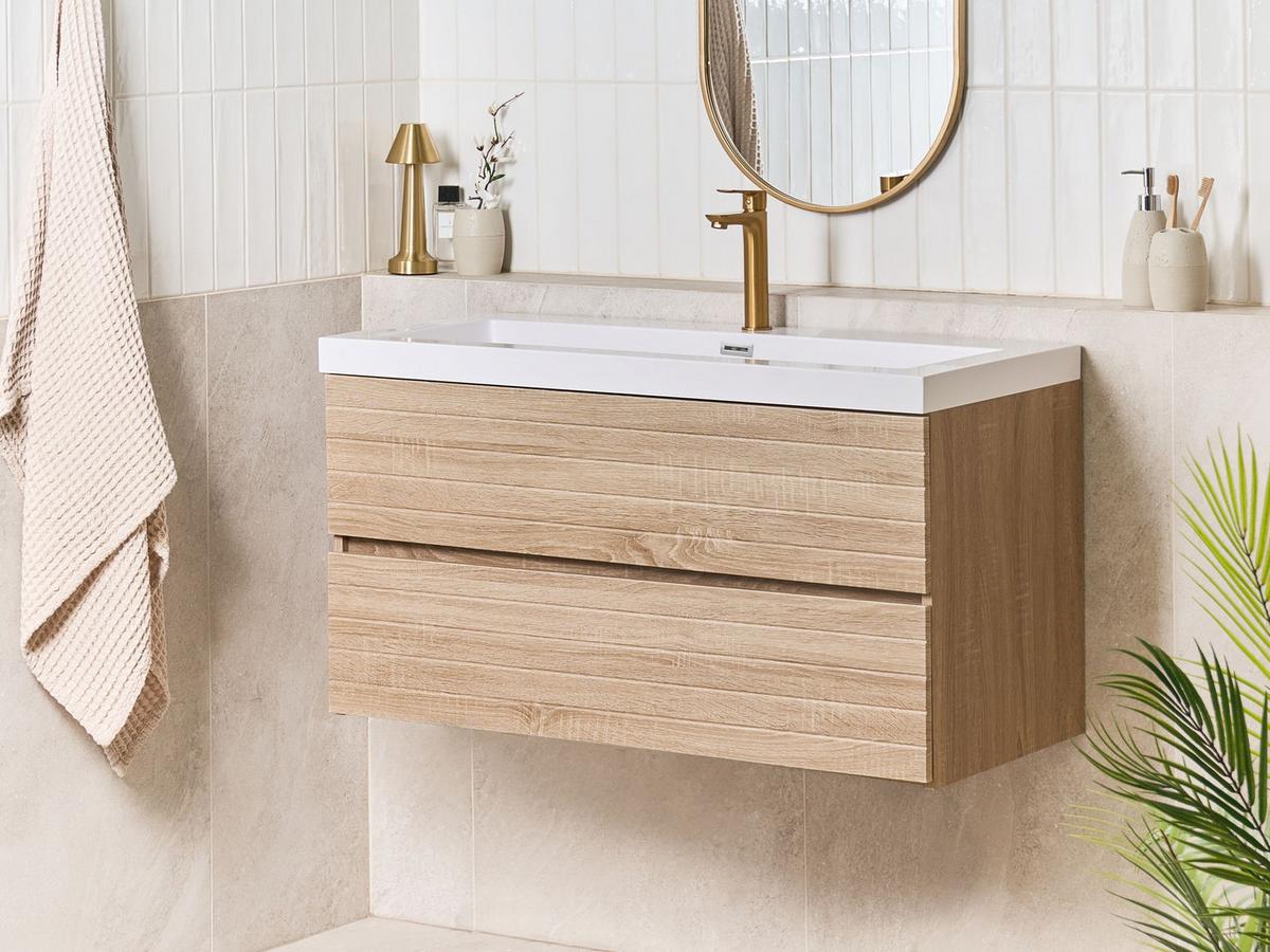 WASCHBECKENUNTERSCHRANK wandmontiertk mit Waschbecken Hellbraun Urucu - Hellbraun, Holzwerkstoff (100/55/46cm) - Beliani