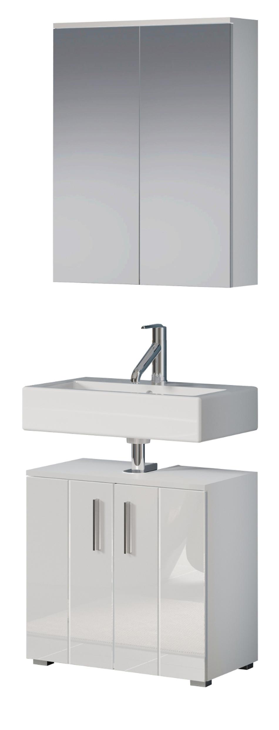 BADMÖBEL-SET weiß Hochglanz 112 x 192 cm 2-teilig, Badezimmer Schränke in modernem Design - Weiß Hochglanz/Silberfarben, Holzwerkstoff/Kunststoff (60/192/32cm) - Top.Furn