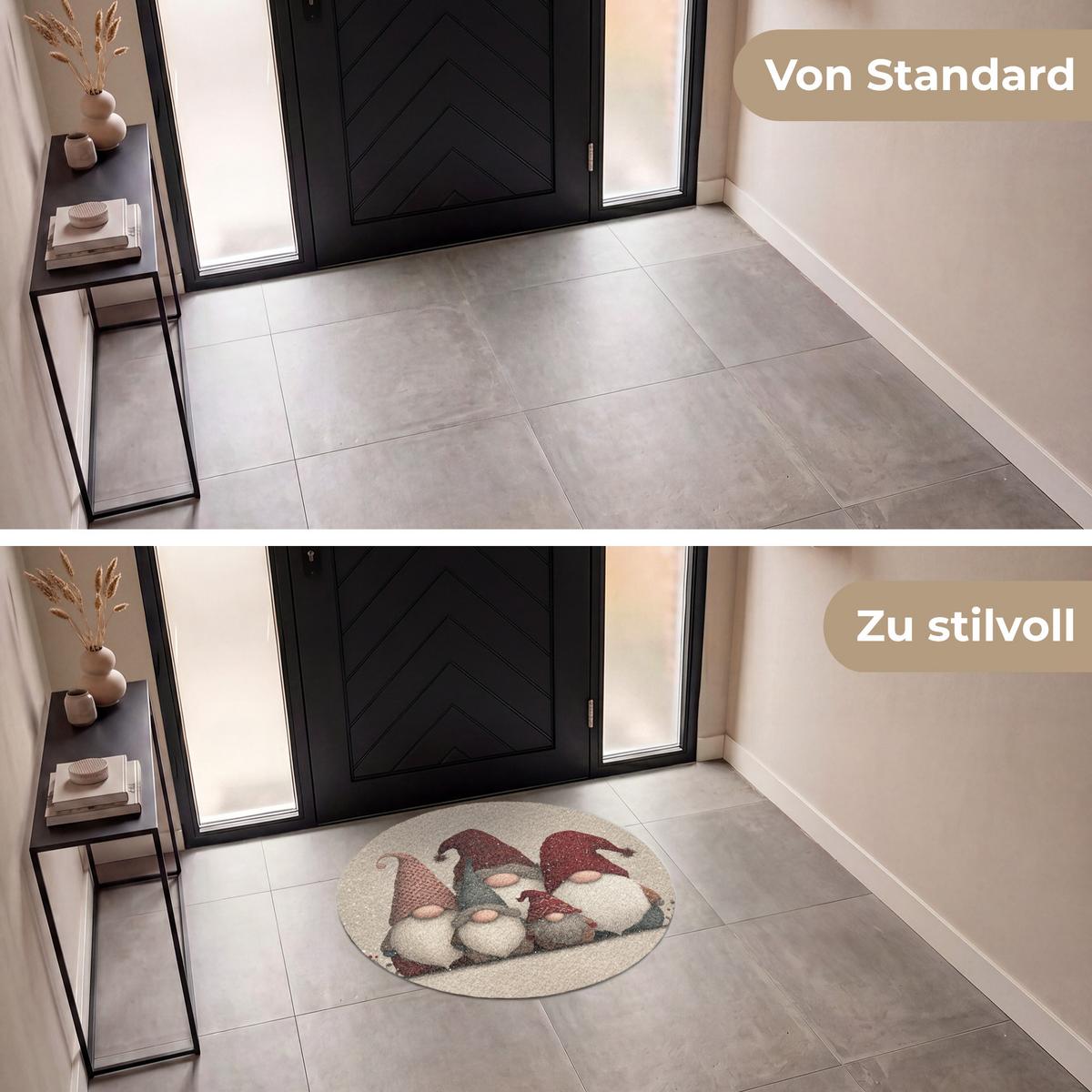 FUSSMATTE Wichtel - Weihnachten - Schnee - Zipfelmützen Türmatte 90x90 cm - Beige, Kunststoff (90/0.4cm) - MuchoWow