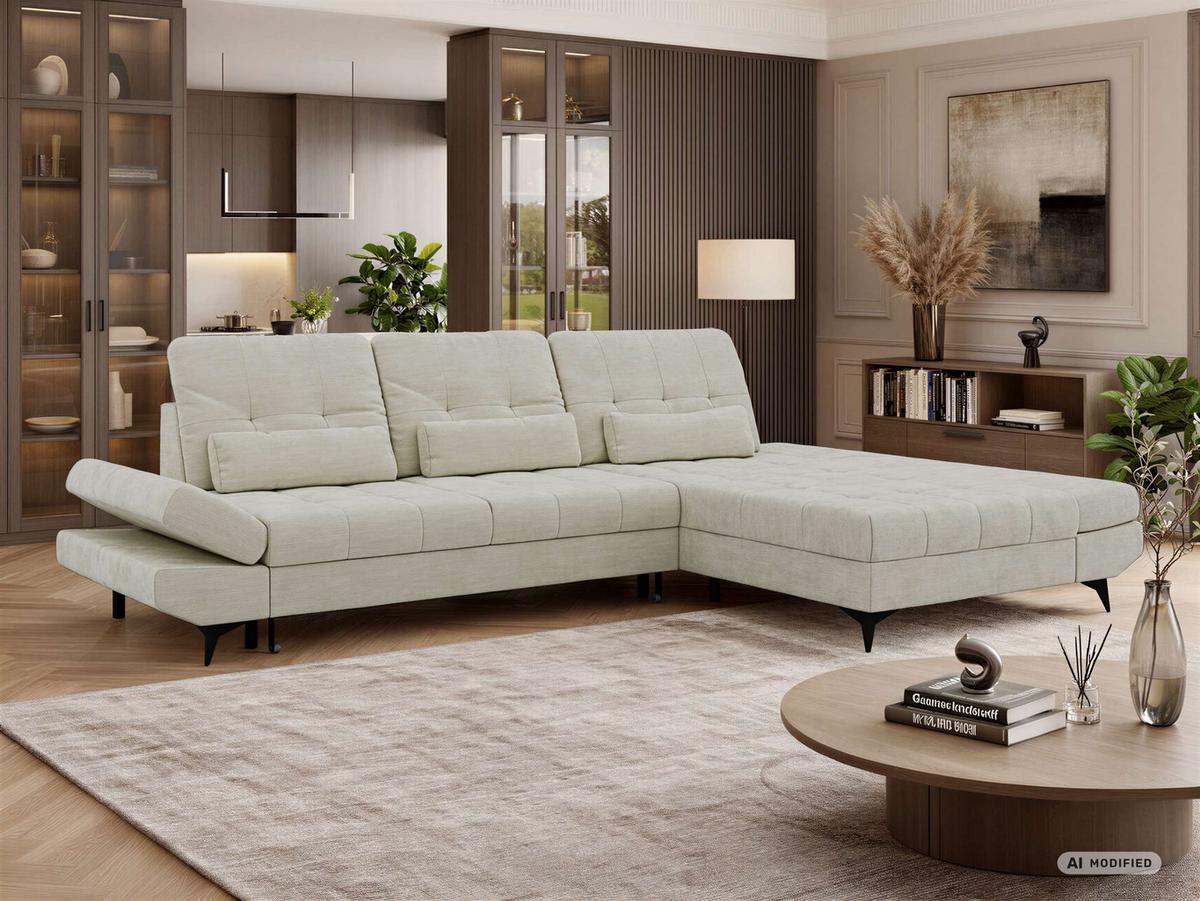 ECKSOFA ALVENO L - Creme Schenille glatt - Rechts Seite - Creme/Schwarz, Textil/Metall (344/218cm) - MKS