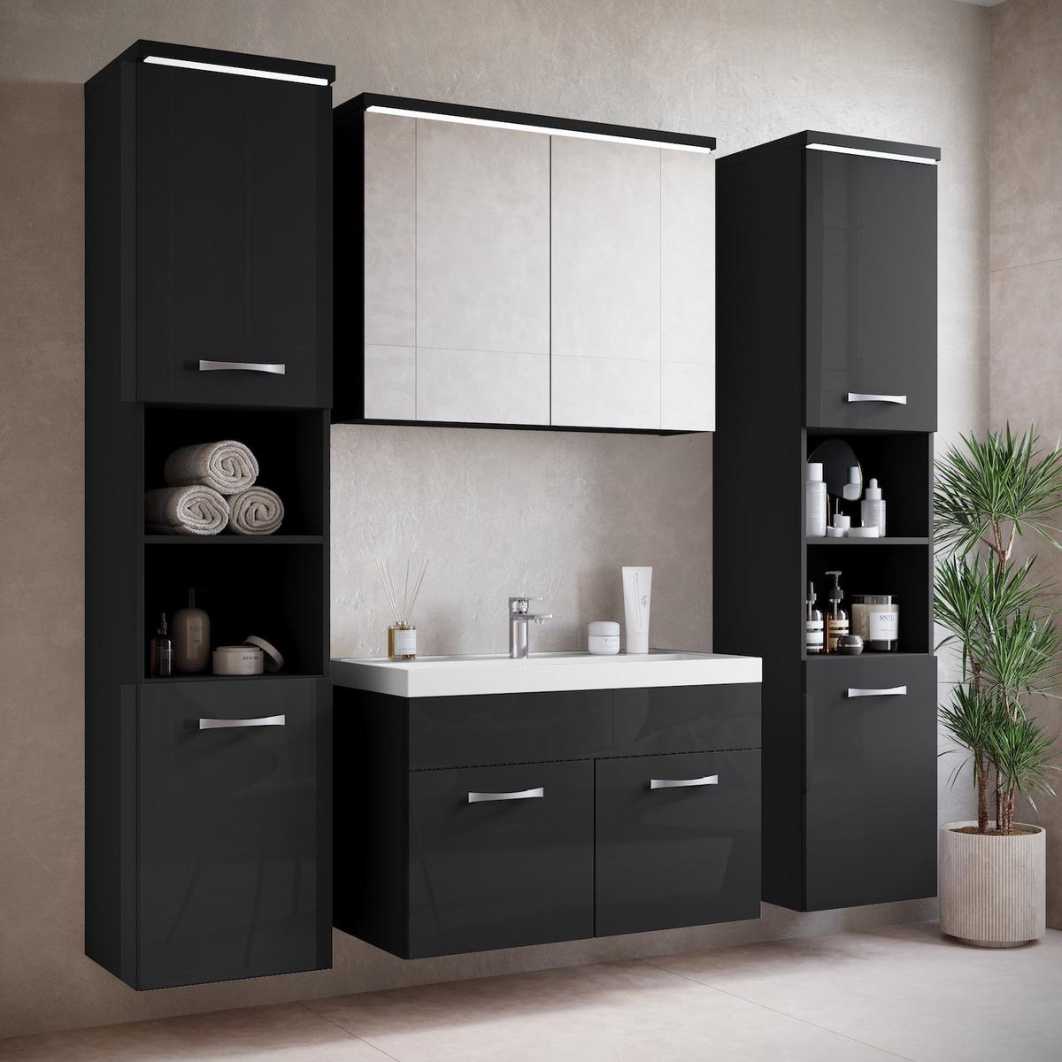 BADEZIMMERSCHRANK Paso mit 2 Türen Schwarz Hochglanz - 35 x 35 x 160 cm - Schwarz, Holz (35/160/35cm) - Badplaats