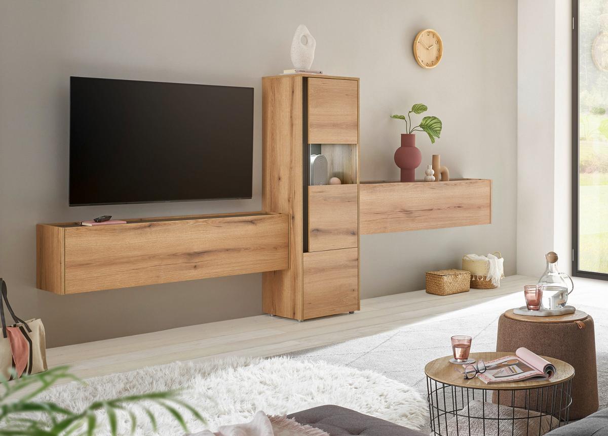 WOHNWAND Evoke Eiche, grau, Wohnkombination 3-teilig 350 cm, Set inklusive Beleuchtung - Eichefarben/Schwarz, Glas/Holzwerkstoff (350/155/40cm) - Furn.Design