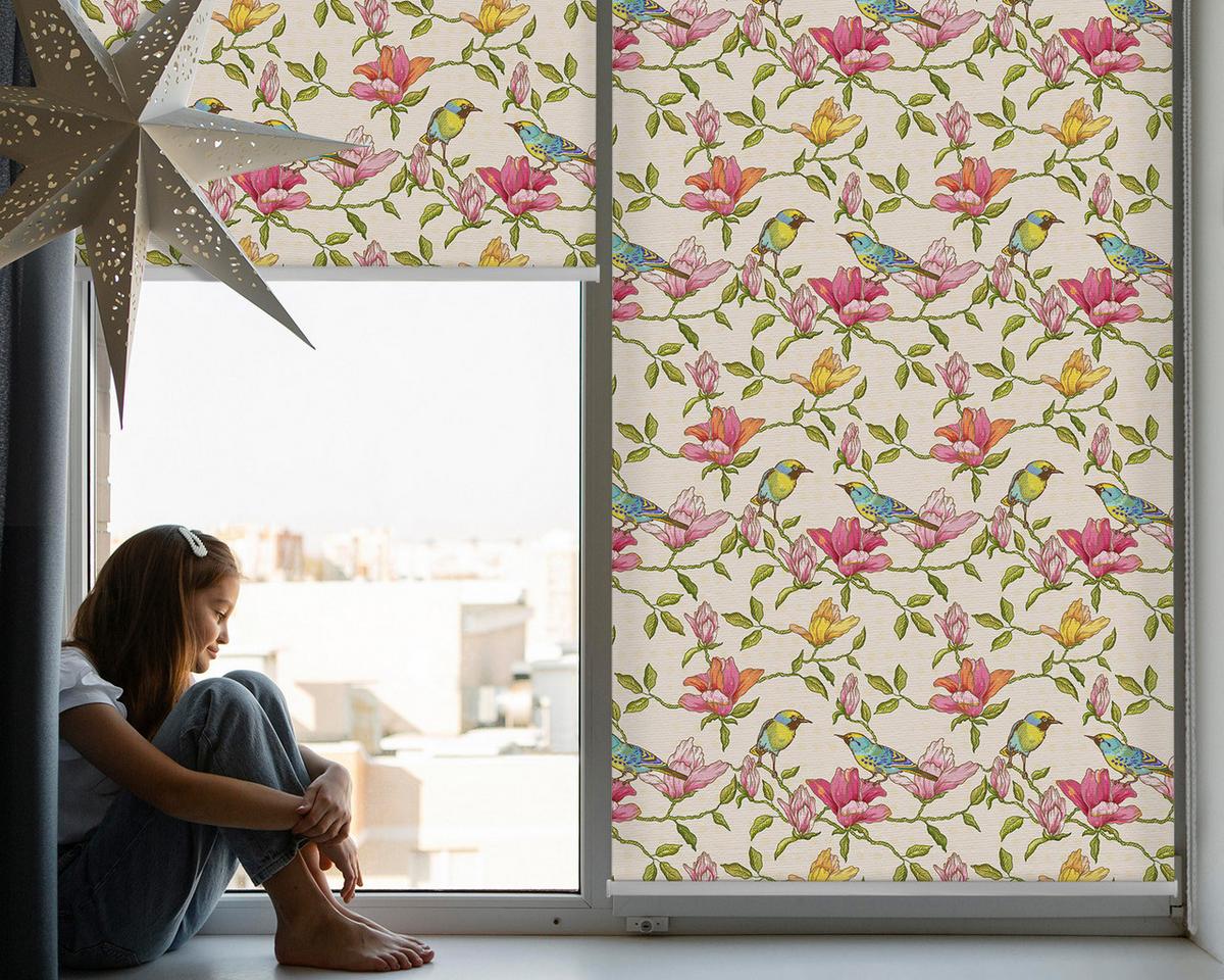 INNENROLLO - Fensterrollo - Rollo - 60x40 cm - Vögel auf Blumen - Grün, Kunststoff (60/140/0.5cm) - TULUP
