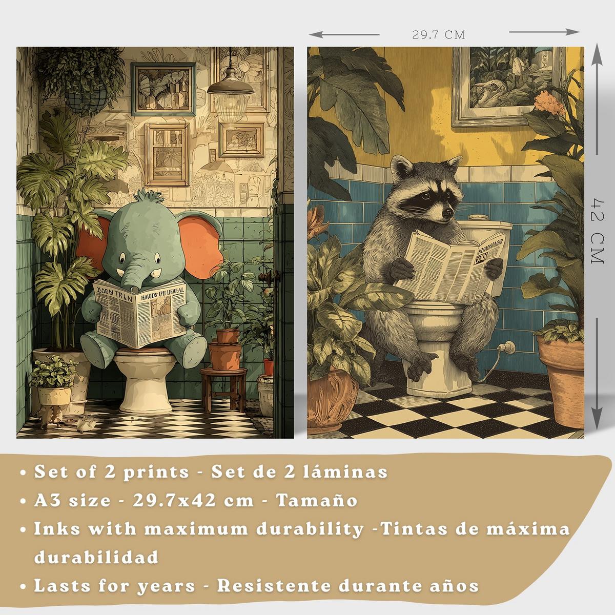POSTER 2er-Set lustige Badezimmer-Kunstdrucke, Bilder mit lustigen Tieren auf der Toilette, witzige, Dusche Leichter Holzrahmen A3 - Beige, Papier (42/29.7/3cm) - Nacnic