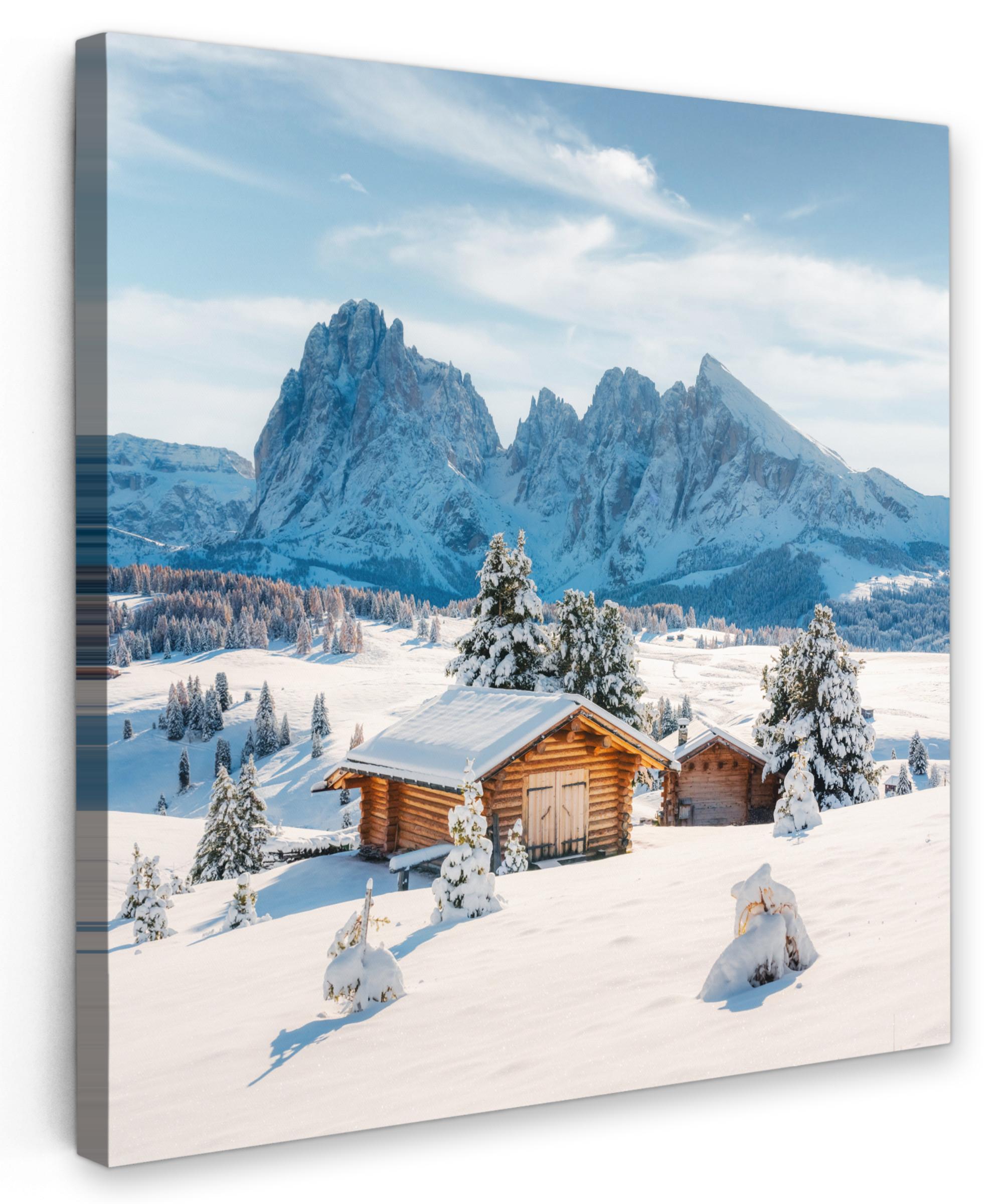 LEINWANDBILD Winter - Hütte - Berge - Aussicht - Schnee Deko Wohnzimmer 20x20 cm - Eichefarben, Textil (20/20cm) - MuchoWow