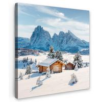 LEINWANDBILD Winter - Hütte - Berge - Aussicht - Schnee Deko Wohnzimmer 20x20 cm - Eichefarben, Textil (20/20cm) - MuchoWow