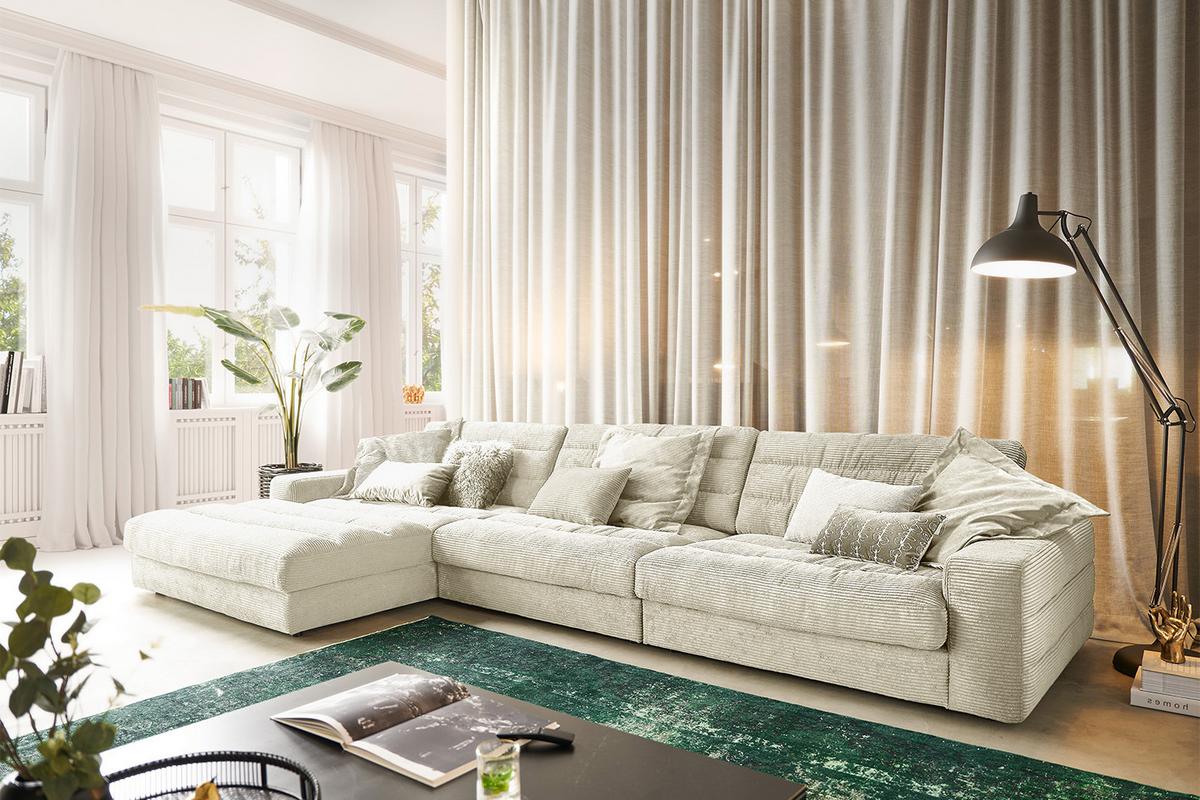 ECKSOFA XL LANA Cremeweiß Cord - Creme/Schwarz, Textil (416/205cm) - KAWOLA