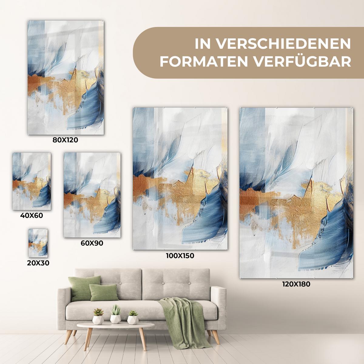 ACRYLGLASBILD Gold - Blau - Aquarell - Kunst - Modern 80x120 cm - Hellblau, Glas (80/120cm) - MuchoWow
