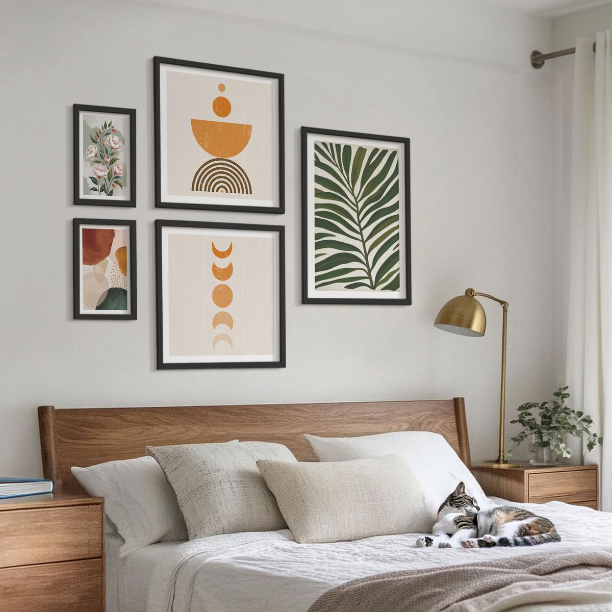BILDER SET 5er Set - 50x50 cm & 20x30 cm & 40x60 cm Schwarzer Rahmen - Abstrakte Blattformen - Schwarz, Kunststoff (40/60cm) - TULUP