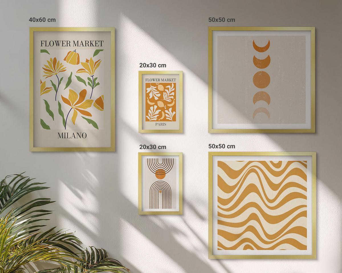 BILDER SET 5er Set - 50x50 cm & 20x30 cm & 40x60 cm Goldrahmen - Geometrische Pflanzenmuster - Goldfarben, Kunststoff (40/60cm) - TULUP
