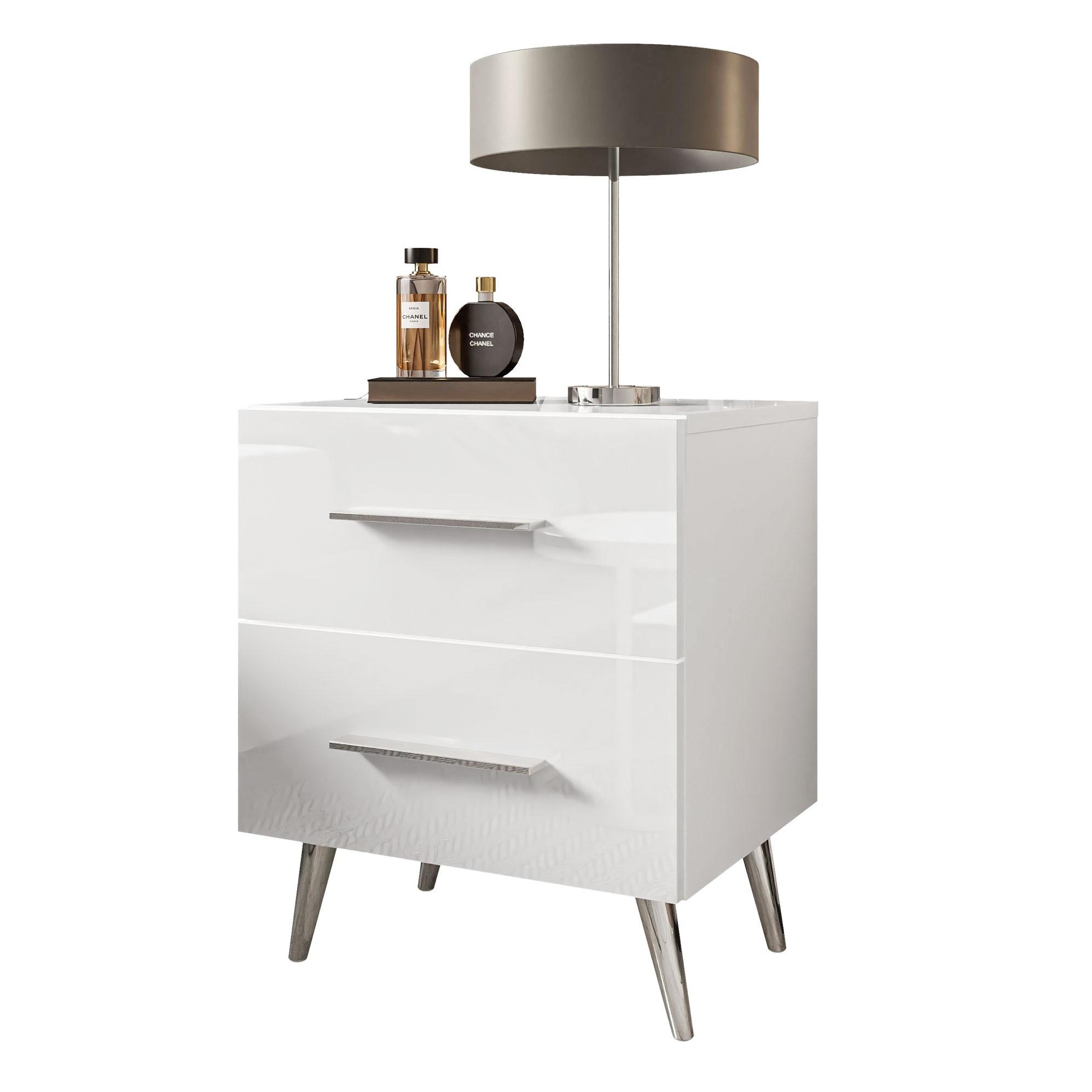 NACHTTISCH AURA LUX mit Hochglanzplatte auf Beinen – Beinfarbe: Chrom - Silberfarben/Weiß, Holzwerkstoff (45/55/39cm) - Lookway