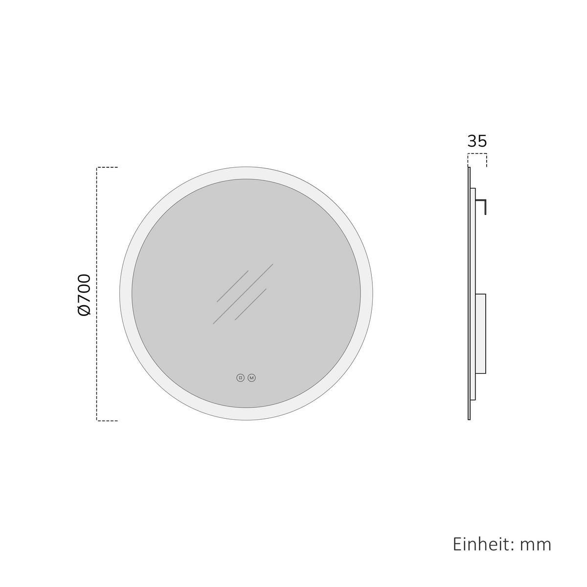 BADSPIEGEL Rund mit LED-Beleuchtung Ø 70 cm, 3 Lichtfarben, beschlagfrei - Transparent, Glas (70/70/3.5cm) - EMKE