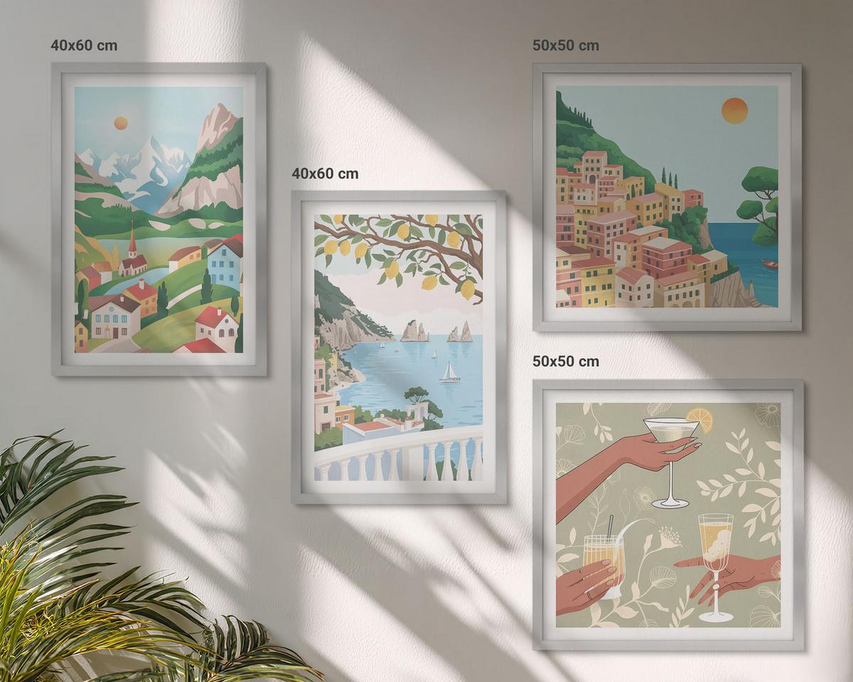 BILDER SET 4er Set - 50x50 cm & 40x60 cm Silberner Rahmen - Pastellfarbene Küstenhäuser - Silberfarben, Kunststoff (50/50cm) - TULUP