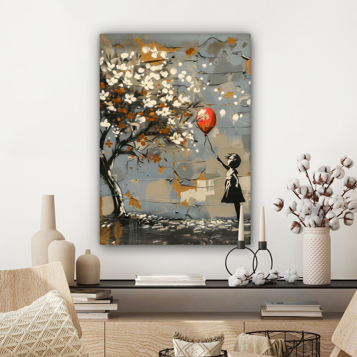 LEINWANDBILD Baum - Graffiti - Banksy-Stil - Ballon-Mädchen Wandbild Wohnzimmer 60x80 cm - Blaugrau, Textil (60/80cm) - MuchoWow