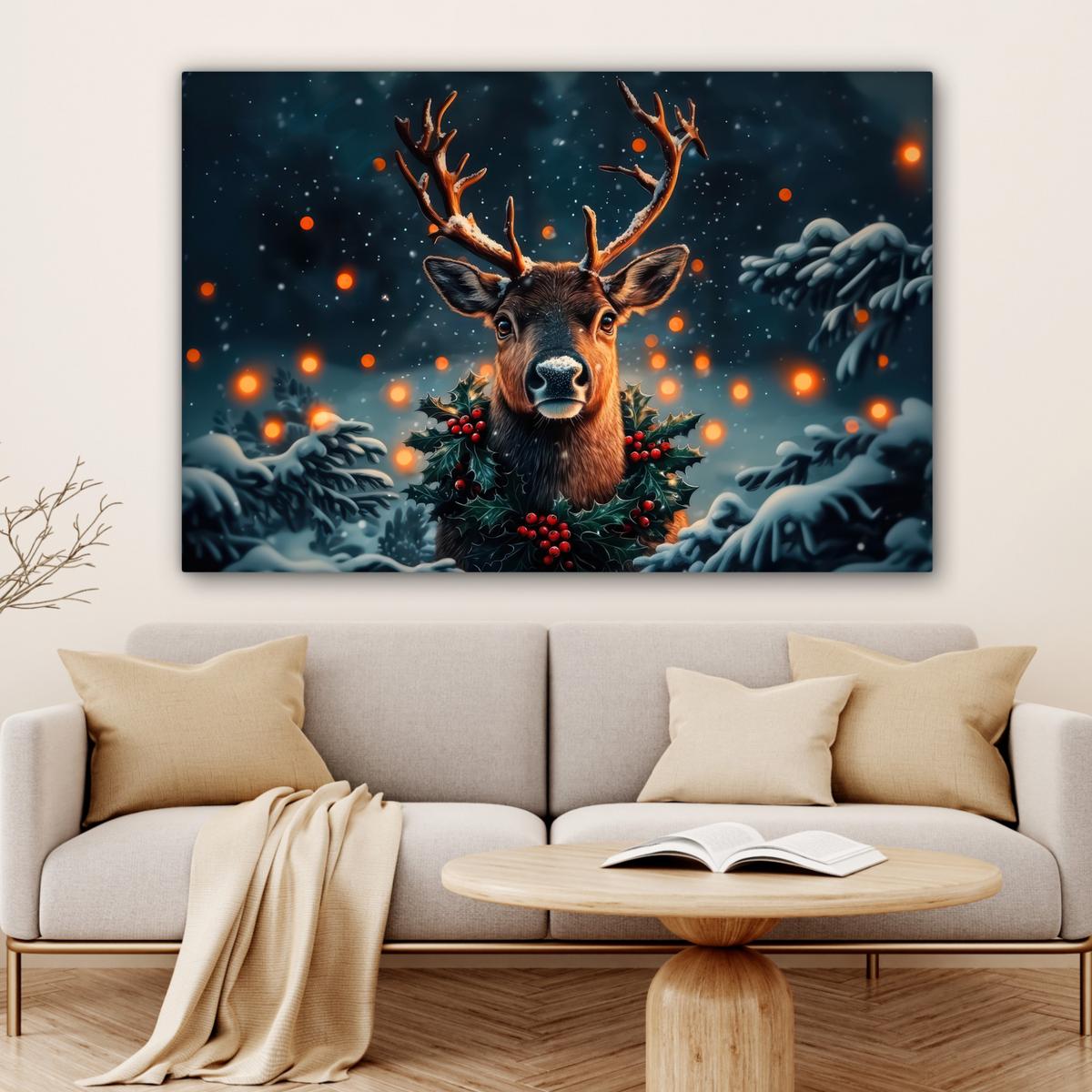 LEINWANDBILD Hirsch - Weihnachten - Winter - Schnee - Weihnachtskranz Wohnzimmer Groß 120x80 cm - Dunkelbraun, Textil (120/80cm) - MuchoWow