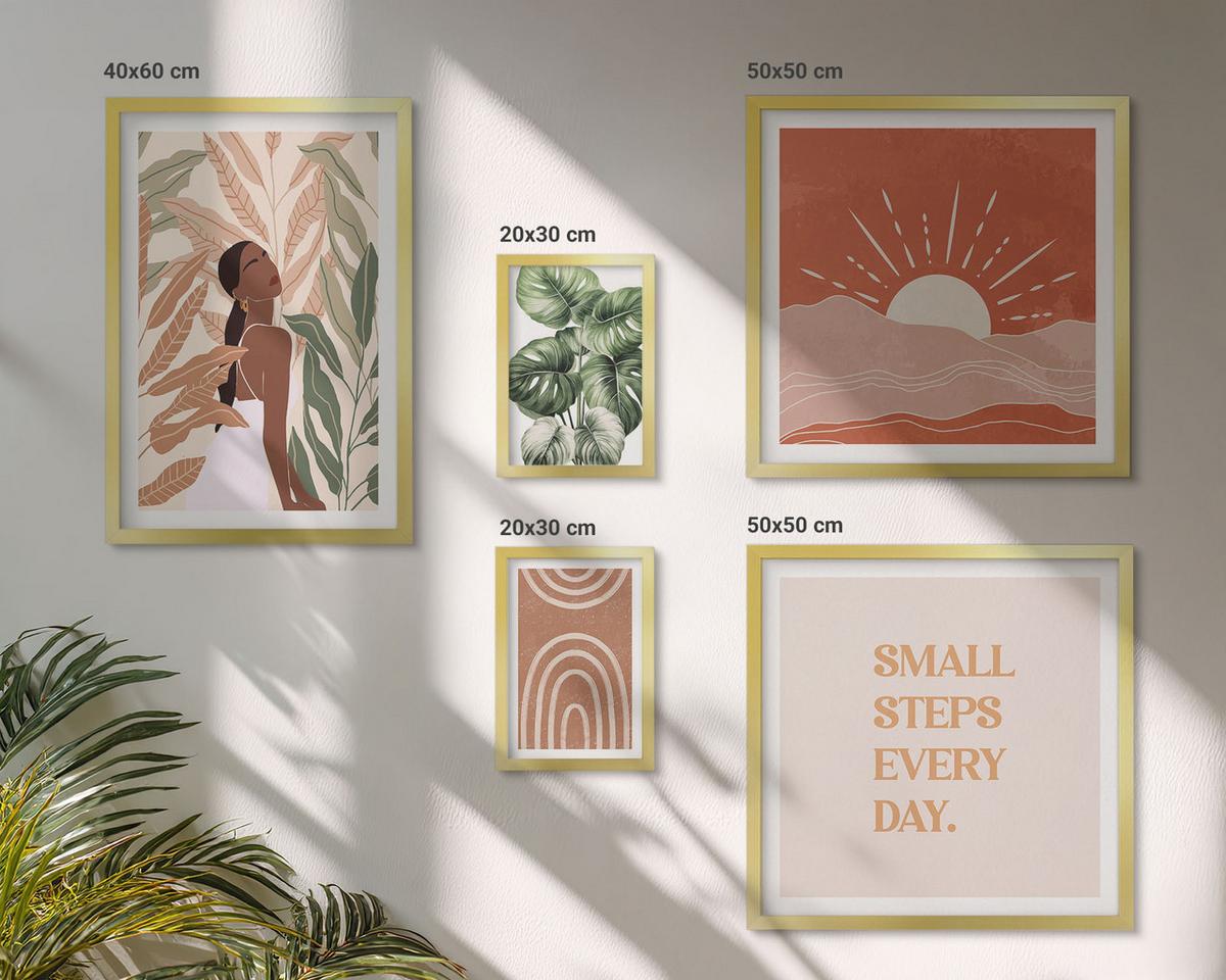 BILDER SET 5er Set - 50x50 cm & 20x30 cm & 40x60 cm Goldrahmen - abstrakte Formen im Boho-Stil - Goldfarben, Kunststoff (40/60cm) - TULUP
