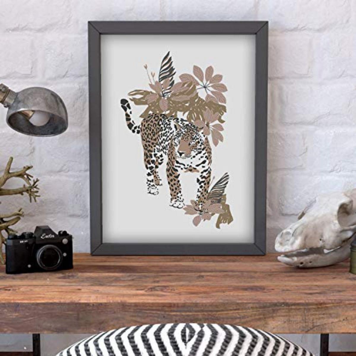 POSTER Set mit 4 GiraffenLeopardblatt, Blumen und Pflanzen vom Dschungel A4 Schwarzer Rahmen - Schwarz, Papier (29.7/3cm) - Nacnic