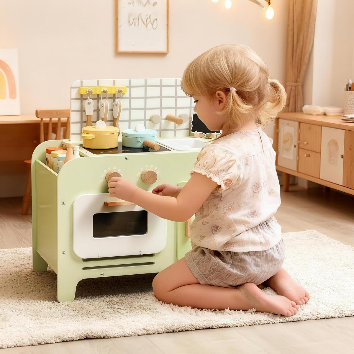 KINDER-SPIELKÜCHE mit Mikrowelle Spüle und Zubehör Grün - Grün, Holzwerkstoff (60/31.6/58cm) - AIYAPLAY