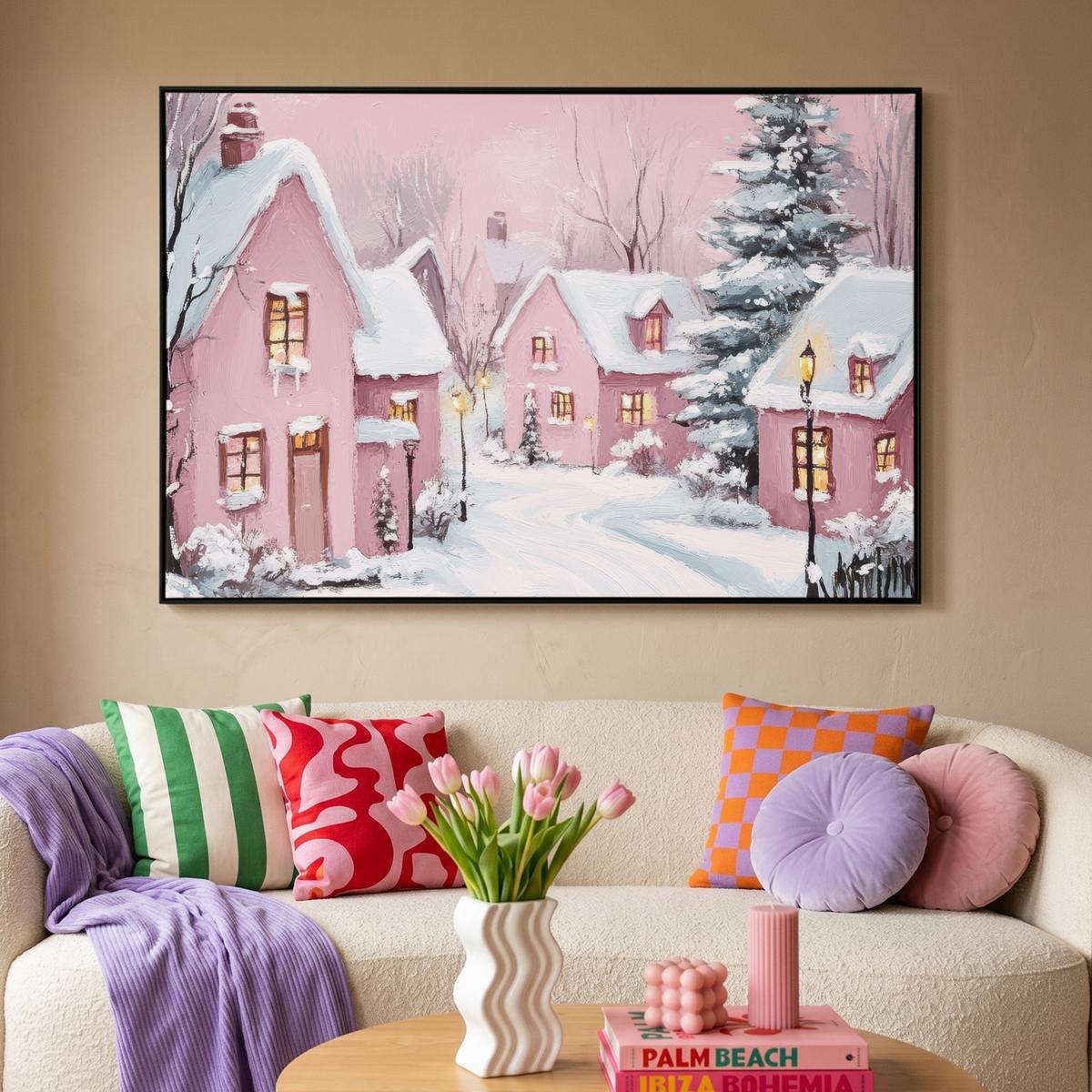 LEINWAND Bilder mit Rahmen - Weihnachtsdorf - Rosa - Winter - Schnee - Häuser - 150x100 - Altrosa, Textil (150/100cm) - MuchoWow