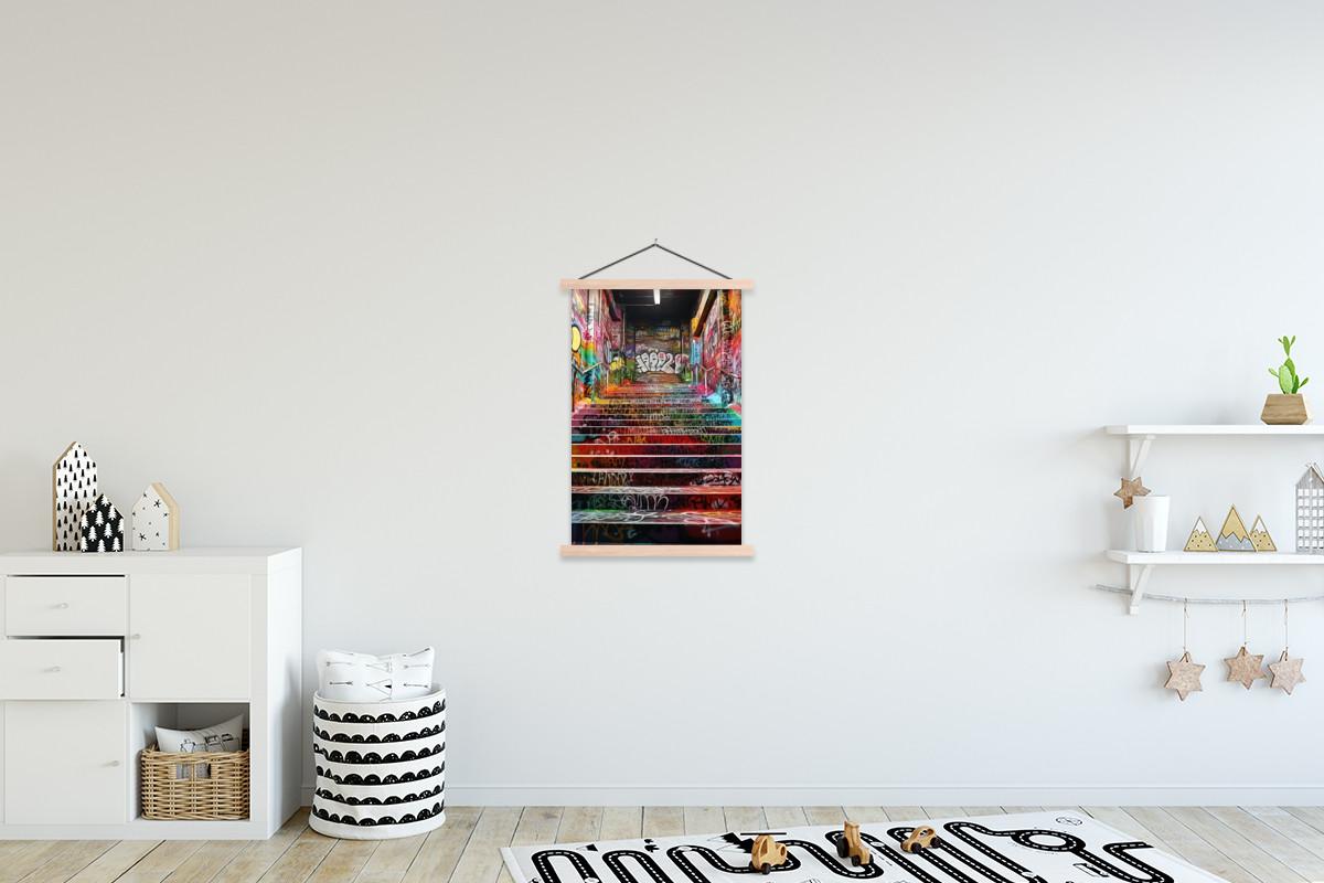 POSTER MIT MAGNETLEISTEN Treppe - Graffiti - Farben - Kunst Wandbild Schlafzimmer 60x90 cm - Multicolor, Textil (60/90/0.15cm) - MuchoWow