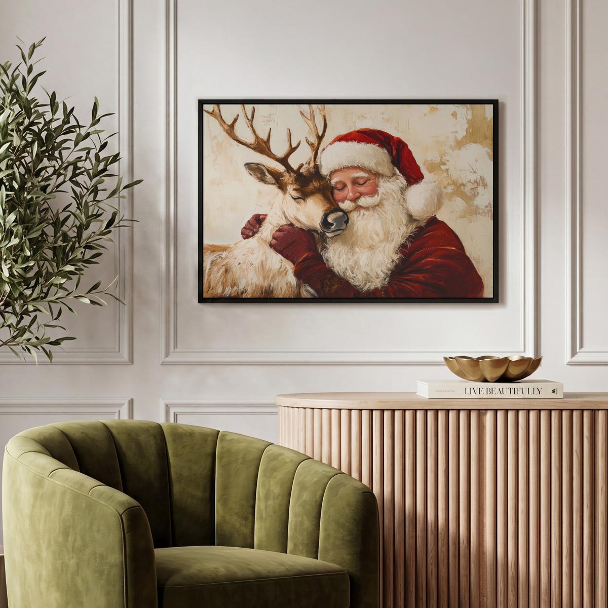 LEINWAND Bilder mit Rahmen - Weihnachtsmann - Rentier - Weihnachten - 60x40 - Rotbraun, Textil (60/40cm) - MuchoWow
