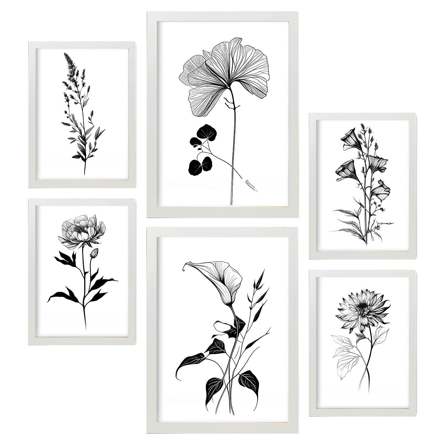 POSTER Set Mit 6 Belaubte Blumen Natur Und Botanikdrucke Mit Blumenmotiven In Klassischem Schwarz Und Weiß Innenarchitektur A3 & A4 Weißer Rahmen - Weiß, Papier (29/3cm) - Nacnic