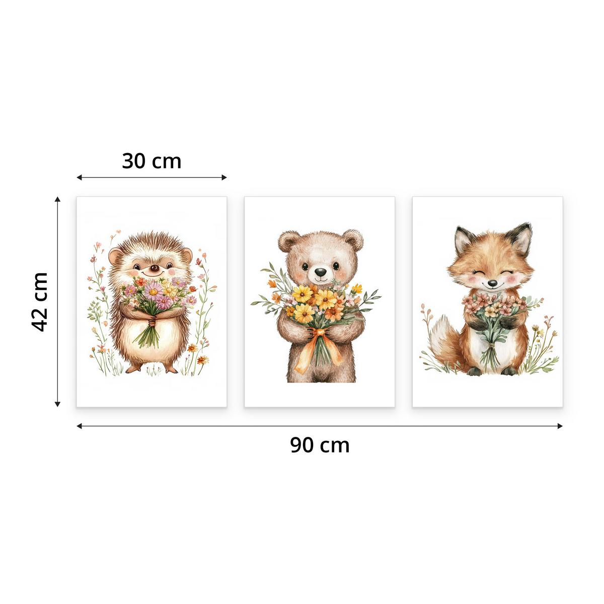 POSTER SET ohne Rahmen für Kinder WALDTIERE Blumen Pflanzen 3x Poster A3 30x42cm - Gelb/Beige, Papier (30/42/1cm) - Muralo