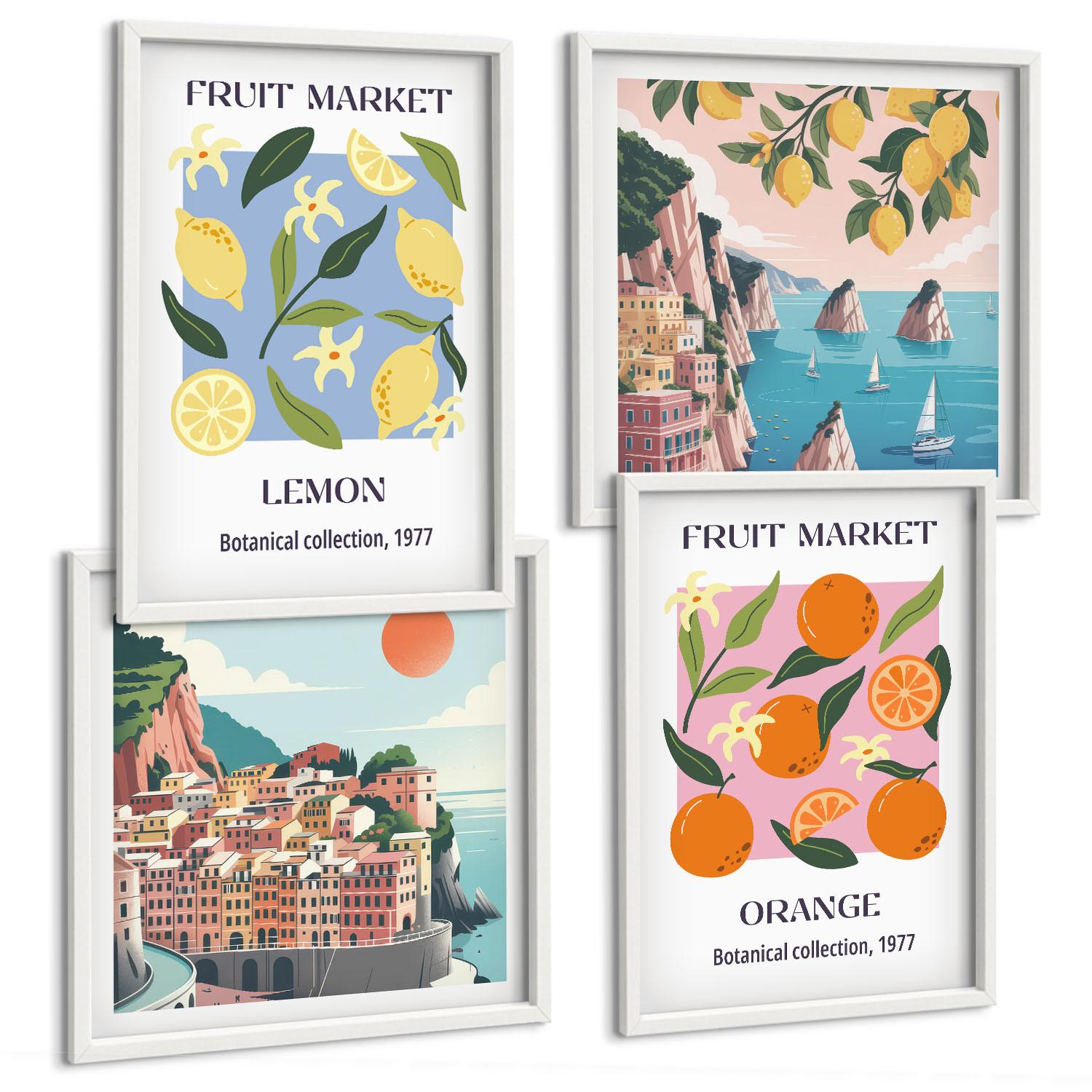 BILDER SET 4er Set - 50x50 cm & 40x60 cm Weißer Rahmen - Obstposter Zitronen Orangen - Weiß, Kunststoff (50/50cm) - TULUP