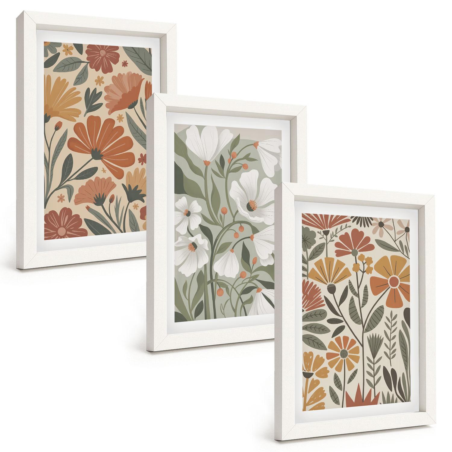 BILDER SET 3er Set - 20x30 cm Weißer Rahmen - Blumenmuster in Orange und Grün - Weiß, Kunststoff (20/30cm) - TULUP