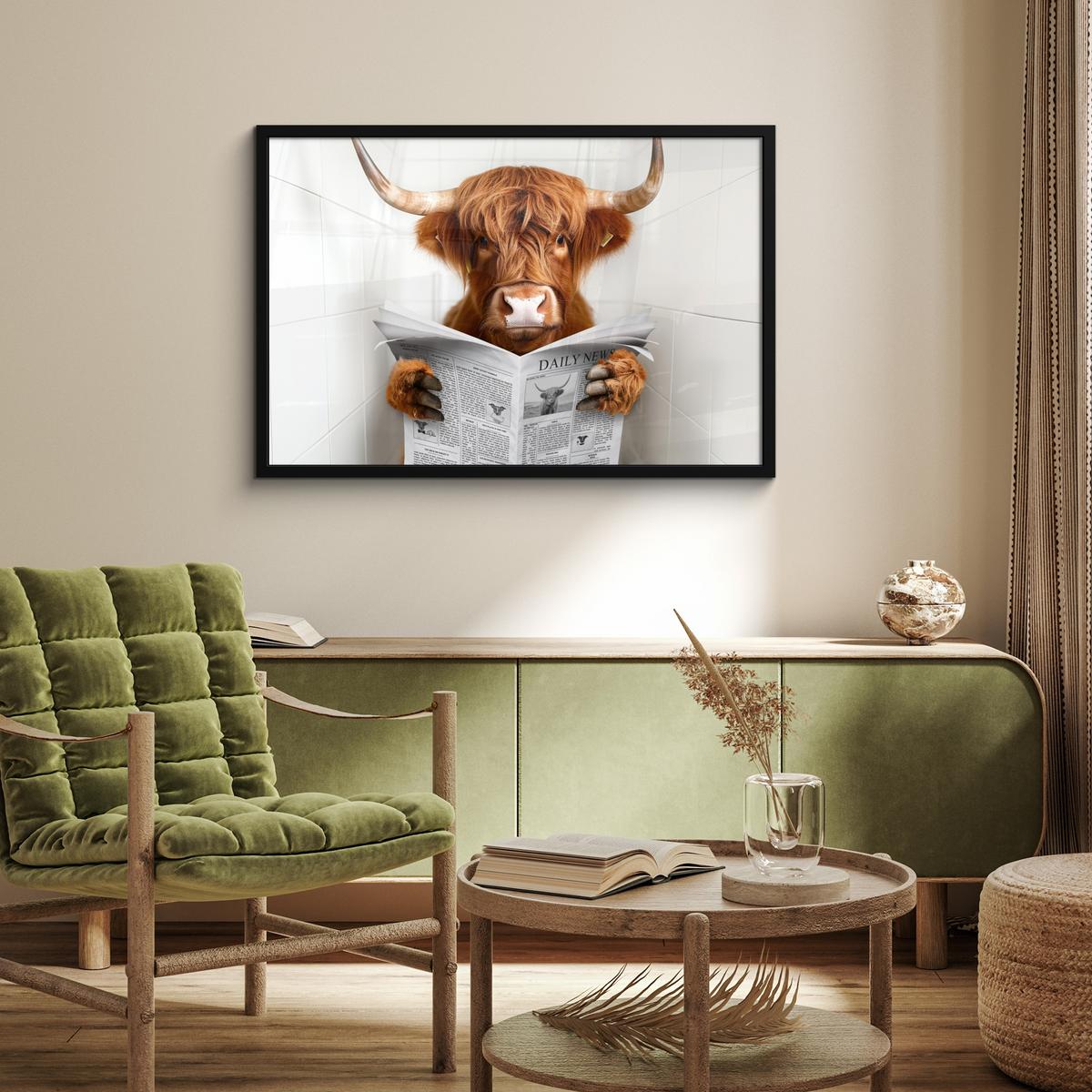 POSTER MIT RAHMENGERAHMTES BILD Schottischer Highlander - Tier - Zeitung - Toilette 90x60 cm - Kastanienfarben, Papier (90/60cm) - MuchoWow