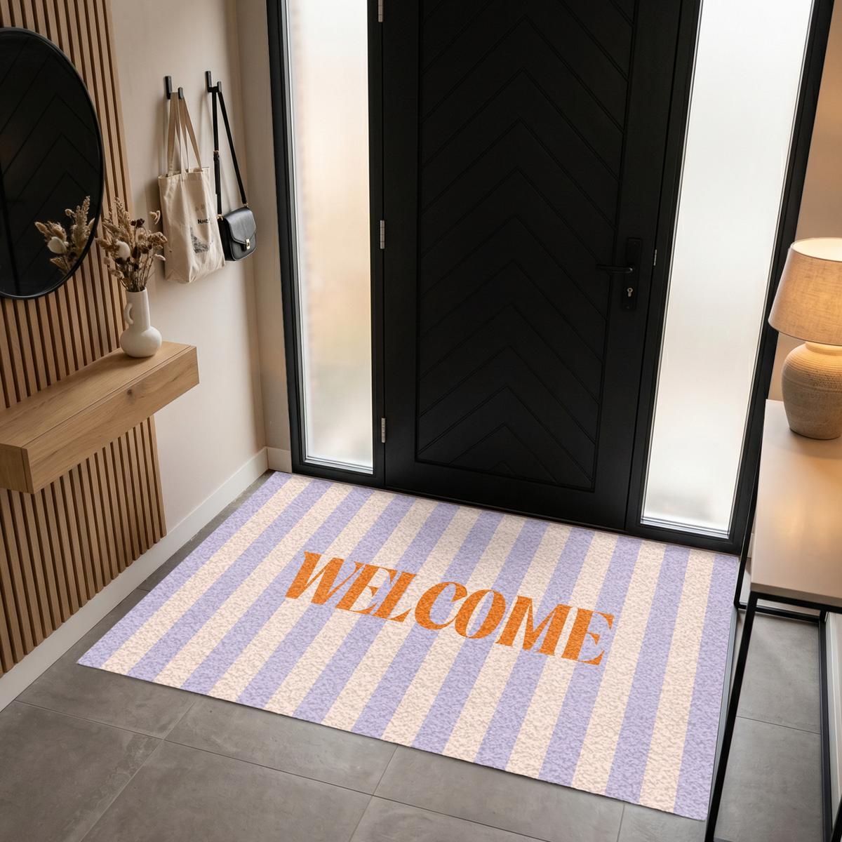 FUSSMATTE Lila – Orange – Streifen – Willkommen 180x120 cm - Flieder, Kunststoff (180/0.4cm) - MuchoWow