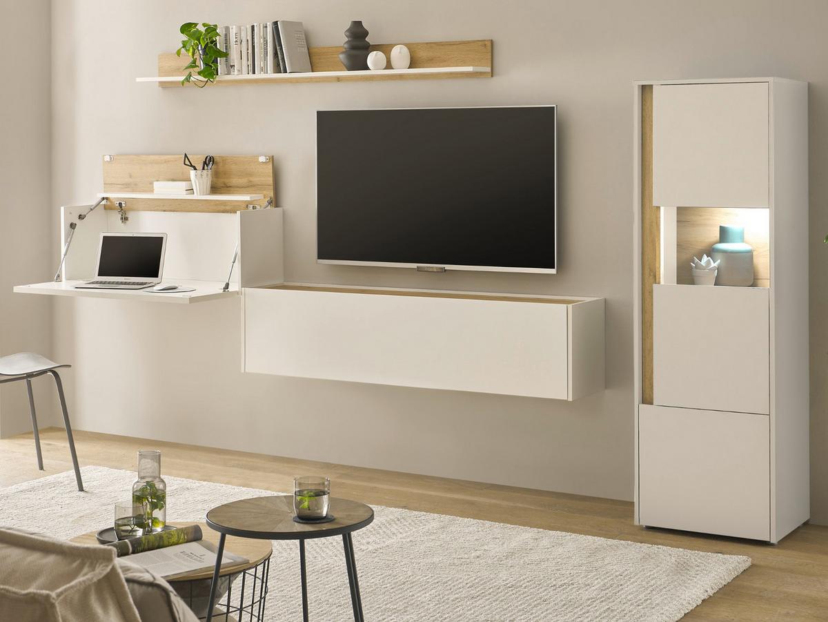 WOHNWAND weiß, Eiche Wotan 4-teilig 320 cm, Schrankwand mit Sekretär - Eiche Wotan/Schwarz, Glas/Holzwerkstoff (320/170/40cm) - Furn.Design
