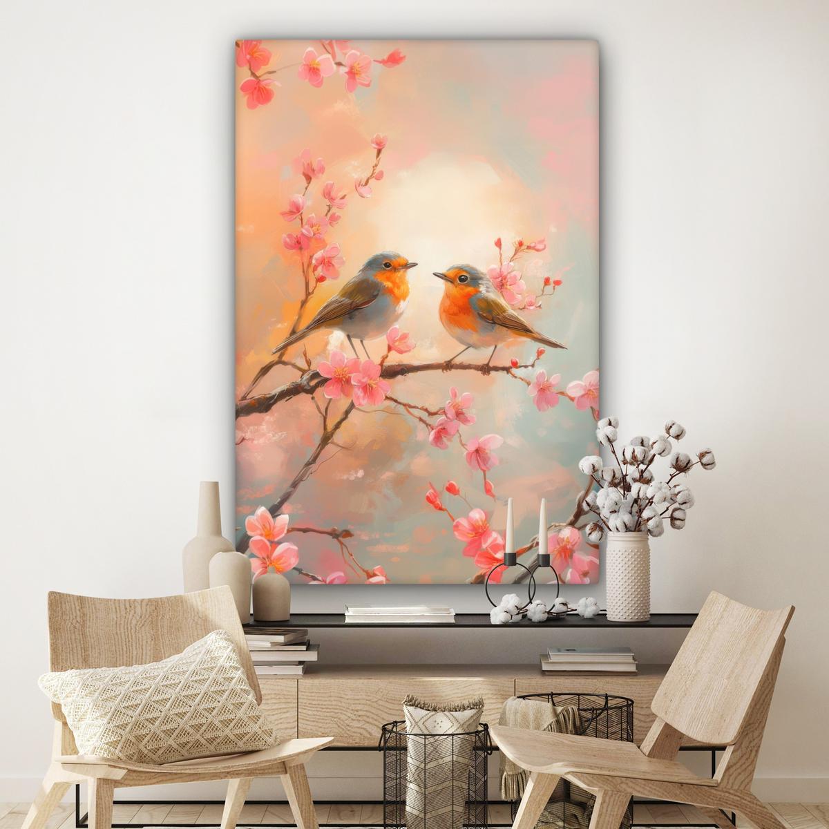 LEINWANDBILD Rotkehlchen - Zierpflanze - Blütenzweig Deko Groß 90x140 cm - Hellrosa, Textil (90/140cm) - MuchoWow