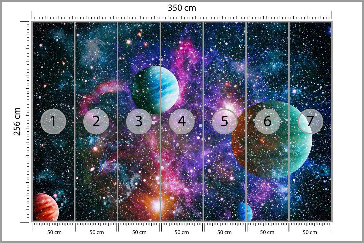 FOTOTAPETE für Schlafzimmer Bunte Planeten Sternenhimmel Kosmos 350x256 - Rot/Violett, Papier (350/256cm) - Muralo