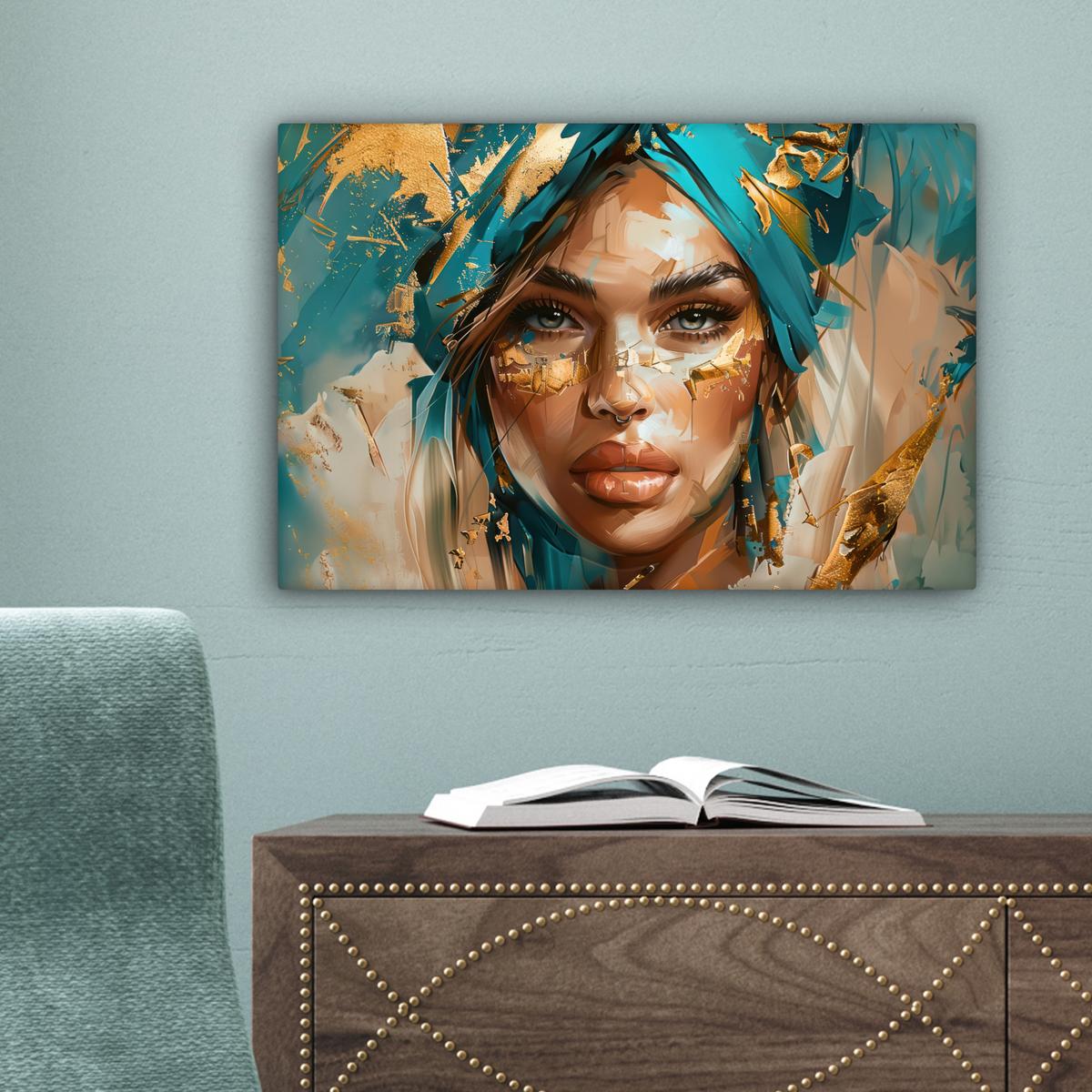 LEINWANDBILD Frau - Porträt - Gold - Luxus - Blau Deko Schlafzimmer 30x20 cm - Türkis, Textil (30/20cm) - MuchoWow