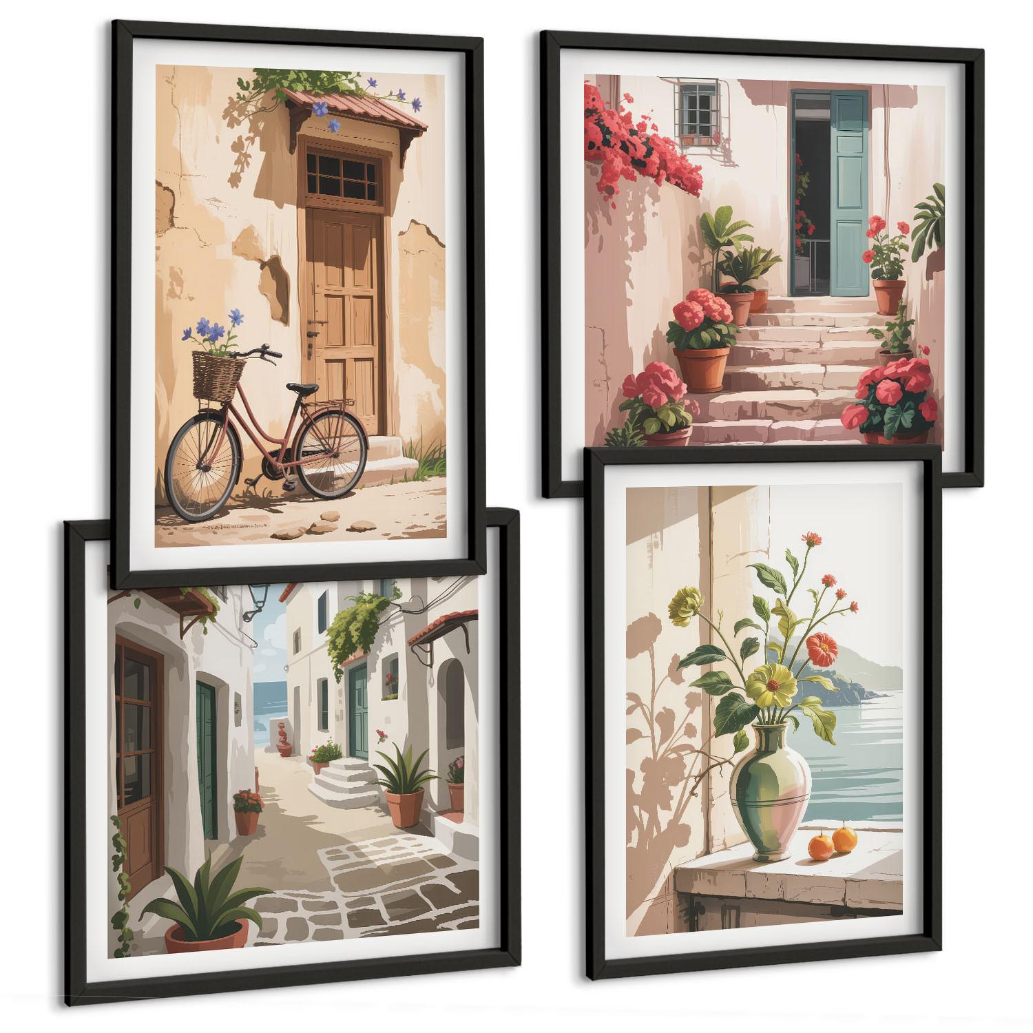 BILDER SET 4er Set - 50x50 cm & 40x60 cm Schwarzer Rahmen - Straßenblumen, Fahrrad bemalt - Schwarz, Kunststoff (50/50cm) - TULUP