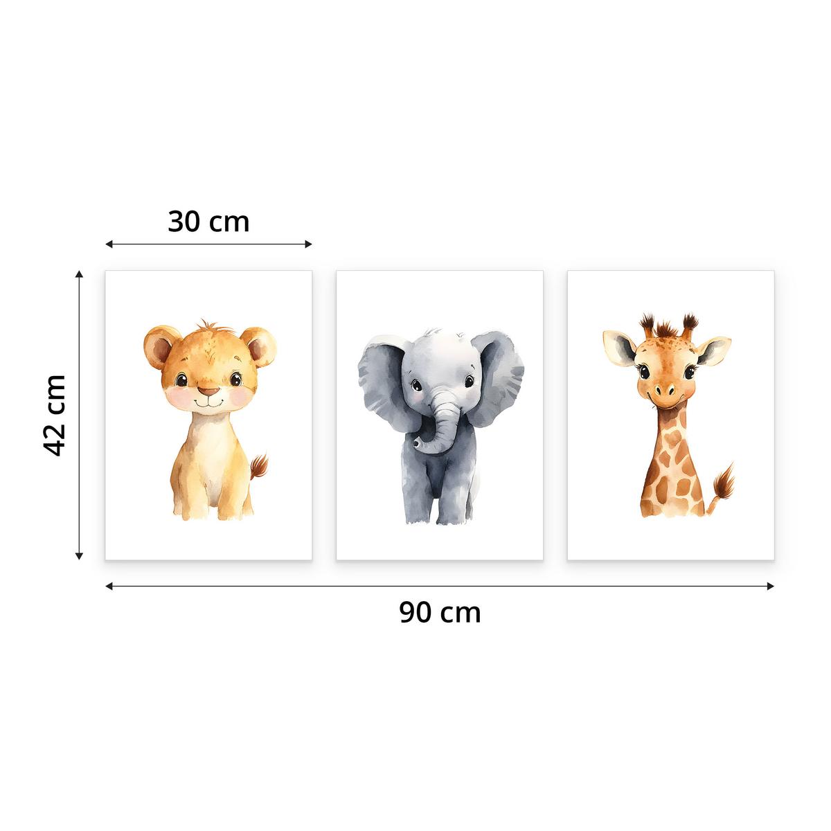 POSTER SET für Kinderzimmer WILDETIERE Löwe Elefant Giraffe 3x Poster A3 30x42cm - Gelb/Orange, Papier (30/42/1cm) - Muralo