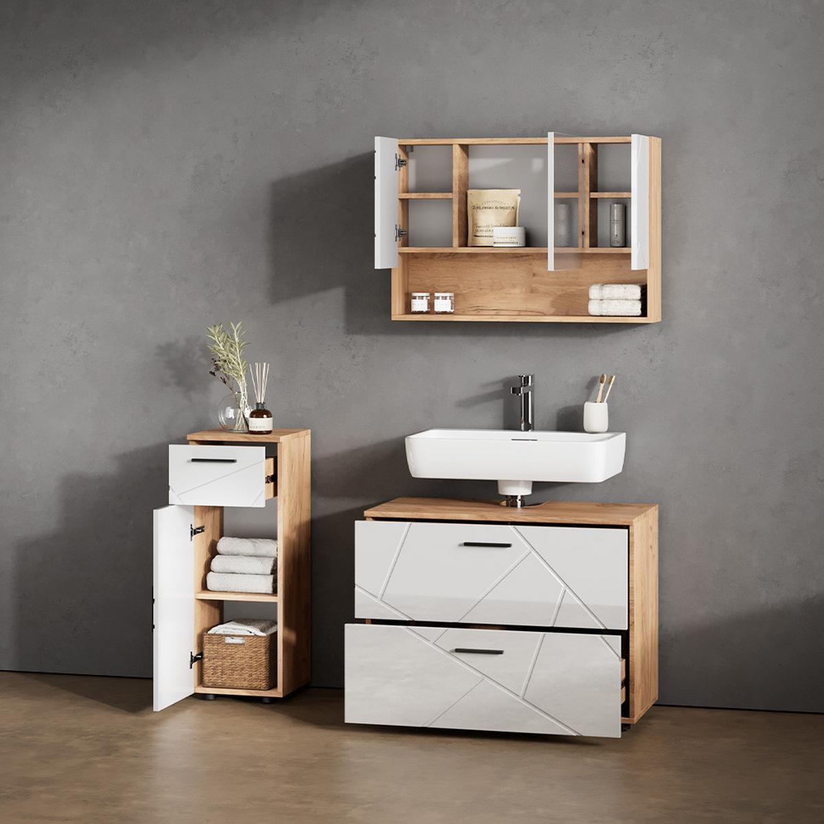 BADMÖBEL-SET Ronco Weiß Hochglanz/Goldkraft Eiche 3 Teile, mit Schubladenschrank und Midischrank - Honigeiche/Weiß Hochglanz, Holzwerkstoff (80/58/41cm) - Livinity®