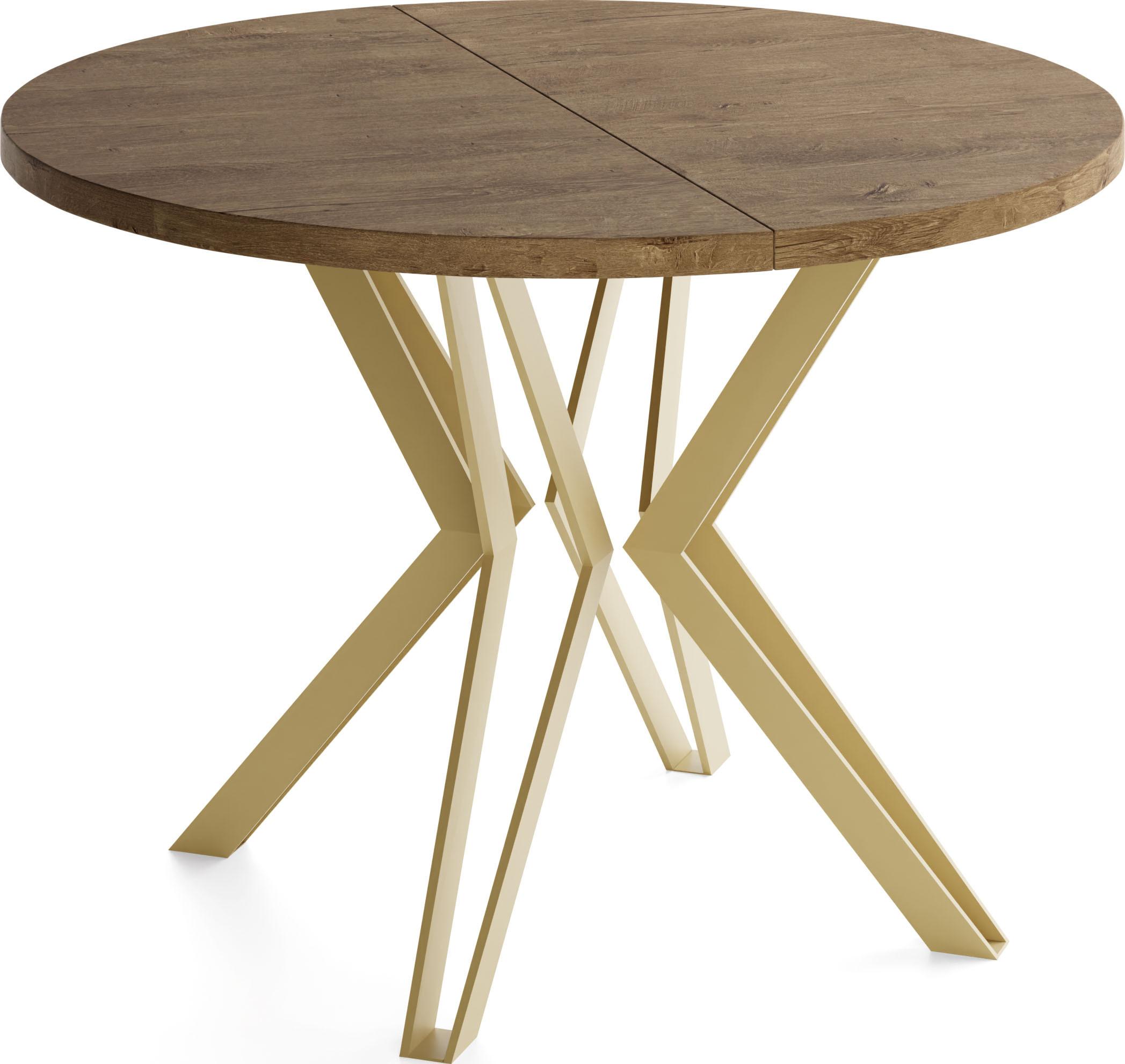 ESSTISCH Daisy runder ausziehbarer, Lefkas Eiche 100-180/100/76 cm - Alteiche/Goldfarben, Holzwerkstoff/Metall (100/180/76cm) - WFL GROUP